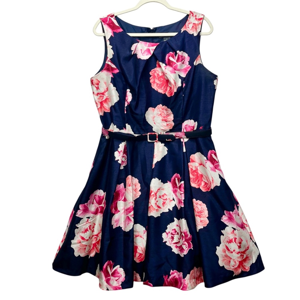 Navy Blue Dress Knee-Length Pink Floral Elegance Women Size 16